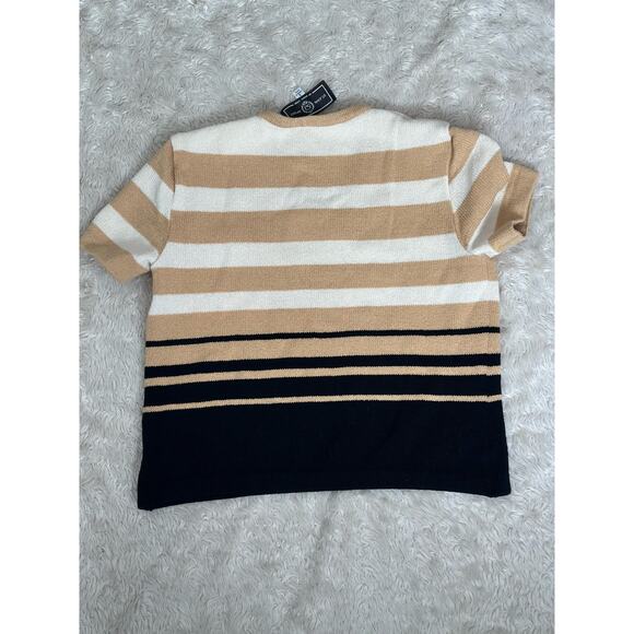 Vintage St. John Sport Marie Gray Small Santana Knit Tan White Black Striped Tee - Picture 4 of 5